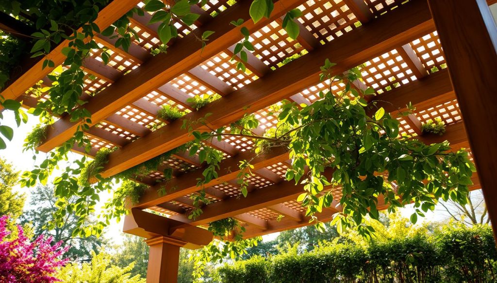 A beautifully crafted pergola with intricate lattice work, bathed in warm sunlight filtering through strategically placed openings. Lush greenery cascades from overhead beams, creating a natural canopy. Subtle up-lighting illuminates the structure, casting a soft, ambient glow. The scene exudes a sense of effortless style and functionality, with thoughtfully designed airflow channels allowing a gentle breeze to circulate. Vibrant, exploding colors in the foliage and warm, earthy tones in the wood create a harmonious, inviting atmosphere. The pergola's design seamlessly blends form and function, showcasing a stunning outdoor living space.