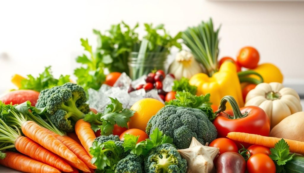 A bountiful display of fresh and frozen produce set against a bright, airy background. In the foreground, an assortment of crisp, vibrant vegetables - carrots, broccoli, and leafy greens - arranged artfully. Behind them, a selection of frozen counterparts, their icy surfaces glistening under warm, diffused lighting. The middle ground showcases the contrast, with fresh herbs and berries flanking the frozen items. The background depicts a minimalist kitchen setting, with clean lines and a neutral color palette to accentuate the vivid hues of the produce. The scene exudes a sense of balance, highlighting the nutritional qualities preserved in both fresh and frozen options.