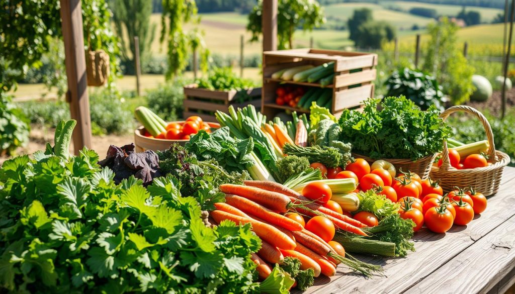 A bountiful harvest of fresh vegetables fills the foreground, artfully arranged on a rustic wooden table. Leafy greens, crisp carrots, plump tomatoes, and other seasonal produce gleam under the warm, natural lighting, their vibrant hues and textures inviting closer inspection. In the middle ground, wooden crates and woven baskets hold the just-picked vegetables, ready for storage and preservation. The background showcases a serene, sun-dappled garden setting, with lush foliage and a hint of a rolling countryside beyond. The overall scene conveys the essence of nature's abundance, the care and attention given to the harvest, and the promise of nutrient-rich bounty, all captured with a sense of timeless, rustic charm.