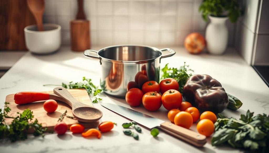 A bright, airy kitchen countertop scattered with the essential tools for making a flavorful vegetable soup base - a sturdy saucepan, a wooden spoon, a chef's knife, a cutting board, and an array of fresh herbs and vegetables in vibrant hues. Warm, indirect lighting casts a soft glow, highlighting the textures and colors of the scene. The composition is balanced and inviting, drawing the viewer's eye to the core ingredients and equipment needed for this simple, yet nourishing culinary task. A bright, airy kitchen countertop scattered with the essential tools for making a flavorful vegetable soup base - a sturdy saucepan, a wooden spoon, a chef's knife, a cutting board, and an array of fresh herbs and vegetables in vibrant hues. Warm, indirect lighting casts a soft glow, highlighting the textures and colors of the scene. The composition is balanced and inviting, drawing the viewer's eye to the core ingredients and equipment needed for this simple, yet nourishing culinary task.