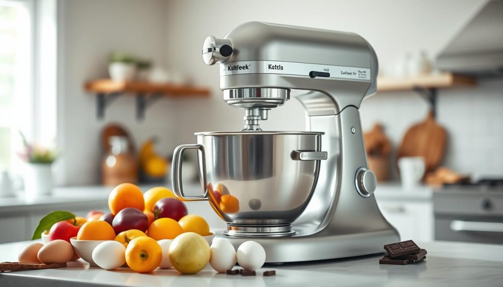 A bright, well-lit kitchen with a sleek, stainless steel stand mixer prominently displayed on the countertop. The mixer is surrounded by an array of fresh ingredients - plump eggs, vibrant fruits, and rich chocolate - showcasing its versatility and the bountiful benefits it offers the home baker. Soft, natural lighting illuminates the scene, creating a warm, inviting atmosphere. The mixer's gleaming metal body and powerful rotating planetary motion convey its robust functionality, while its thoughtful design elements suggest effortless operation. The background fades into a soft, blurred blur, allowing the stand mixer to take center stage as the focal point, a true workhorse in the heart of the modern kitchen.