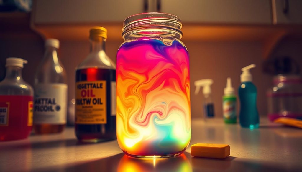A brightly lit kitchen counter with a collection of household items - a clear glass jar, vegetable oil, food coloring, and an effervescent tablet. The jar is filled with the oil and food coloring, creating a mesmerizing, swirling lava lamp effect. Diffused lighting illuminates the scene, casting a warm, inviting glow. The lens is focused on the jar, capturing the dynamic, undulating patterns of the homemade lava lamp in vivid detail. The overall mood is one of experimentation, wonder, and a touch of retro charm.