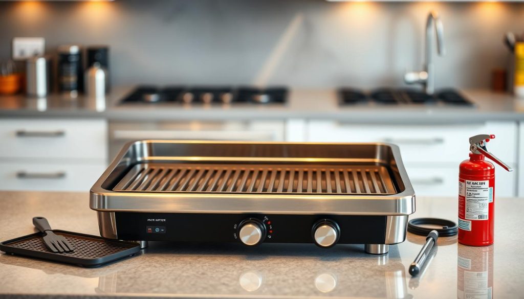 A brightly lit kitchen countertop with a state-of-the-art electric griddle at the center. The griddle's sleek, stainless steel exterior gleams under warm, focused lighting. Surrounding the griddle are carefully arranged safety accessories: a heat-resistant silicone trivet, a long-handled spatula, and a fire extinguisher within easy reach. The background is blurred, but hints at a modern, well-equipped kitchen, creating a sense of order and professionalism. The overall scene conveys a message of safety, precision, and the importance of following proper protocols when using high-powered cooking appliances.
