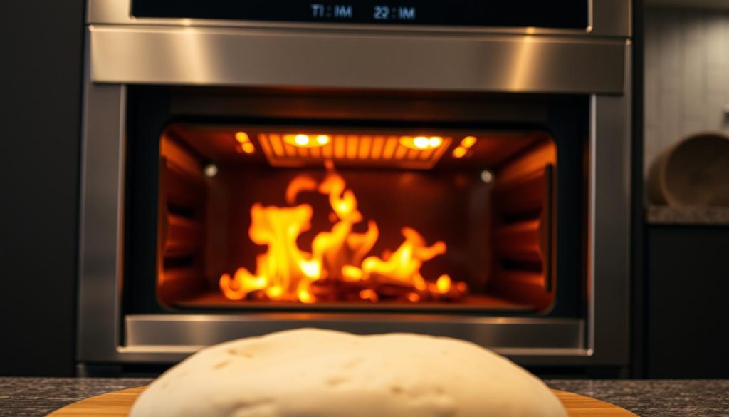 A built-in pizza oven, its interior glowing with vibrant, dancing flames, radiating heat and casting warm light across the kitchen. The oven's sleek, stainless steel exterior gleams, its thick walls designed to efficiently retain and distribute that heat. In the foreground, dough rises, ready to be transformed into a golden-crusted masterpiece. The scene is captured through a wide-angle lens, showcasing the oven's seamless integration into the kitchen's modern design. Soft shadows and highlights accentuate the textures and materials, creating a welcoming, atmospheric mood. This image captures the key features that make a built-in pizza oven a coveted kitchen upgrade.