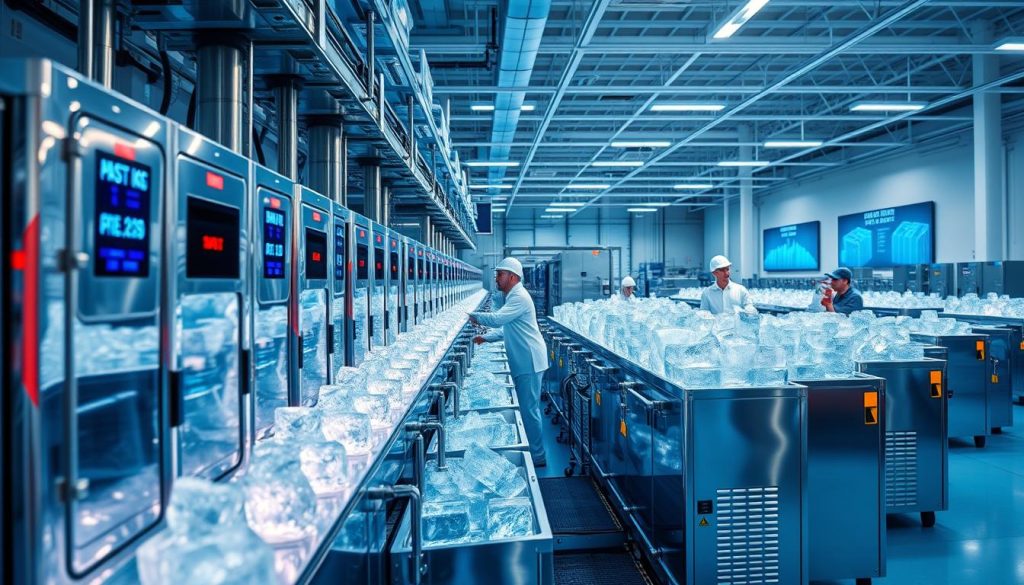 A bustling ice maker production facility, with sleek modern machines churning out glistening cubes of ice. The foreground showcases an array of state-of-the-art ice makers, their chrome exteriors gleaming under vibrant LED lighting. In the middle ground, workers in crisp white uniforms carefully monitor the production line, ensuring optimal efficiency. The background reveals a vast, open-concept workspace, its walls adorned with technical schematics and data visualizations depicting the ice maker's production capacity. Vibrant hues of blue, white, and silver create a dynamic, energetic atmosphere, reflecting the high-tech nature of the industry.