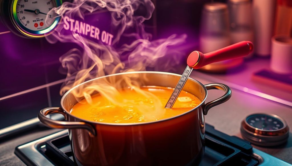 A bustling kitchen counter with a large pot simmering on the stove, steam rising in swirling tendrils. The pot's contents, a rich, golden-brown soup base, gently bubbling and releasing an enticing aroma. Vibrant exploding colors dance across the scene, illuminating the attention to detail - the precise temperature gauge on the stovetop, the chef's thermometer dipping into the simmering liquid, and the timer ticking down the seconds. The lighting is soft yet focused, casting dramatic shadows that highlight the importance of temperature control in crafting the perfect soup base. A sense of precision and care pervades the image, capturing the critical role of cooking time and temperature in the art of making soup from scratch.