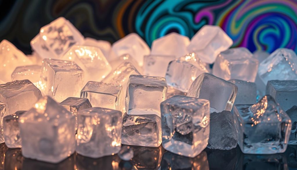 A captivating display of diverse ice formations, showcasing a spectrum of shapes and textures. In the foreground, intricate crystal structures glisten under the soft, warm lighting, capturing the natural beauty of water in its frozen state. In the middle ground, angular, geometric ice cubes cast striking shadows, hinting at the many ways ice can be molded and shaped. The background features an array of rounded, organic ice shapes, each with its own unique contours and patterns, surrounded by a vibrant, swirling array of colors that dance and flow, adding a sense of movement and energy to the scene. This stunning visual exploration of ice's versatility and visual appeal is a testament to the many practical and aesthetic applications of this essential kitchen staple.
