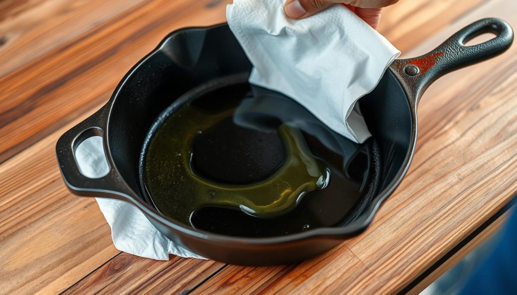 A cast iron skillet on a wooden surface, with a layer of oil being rubbed into the surface using a paper towel. The skillet is being seasoned, with the process showcased in a step-by-step manner. The lighting is warm and natural, accentuating the rich, dark hue of the cast iron and the vibrant, moving colors of the oil as it is applied. The scene is captured from a medium-close angle, allowing the viewer to observe the detailed process of seasoning the cookware. The overall atmosphere is one of a well-crafted, time-honored tradition, with a sense of craftsmanship and care.