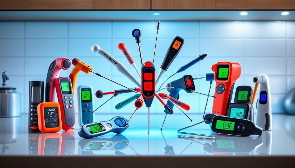 A clean and well-lit kitchen counter showcasing an arrangement of various digital food thermometers - from simple meat thermometers to more advanced kitchen gadgets like wireless probe thermometers and smart thermometer sets. The devices are displayed in a dynamic, exploding composition, with vibrant colors and reflections highlighting their digital displays, sleek designs, and advanced features. The image captures the diversity and capabilities of these modern kitchen tools, inviting the viewer to explore and compare the different types of digital food thermometers available. A clean and well-lit kitchen counter showcasing an arrangement of various digital food thermometers - from simple meat thermometers to more advanced kitchen gadgets like wireless probe thermometers and smart thermometer sets. The devices are displayed in a dynamic, exploding composition, with vibrant colors and reflections highlighting their digital displays, sleek designs, and advanced features. The image captures the diversity and capabilities of these modern kitchen tools, inviting the viewer to explore and compare the different types of digital food thermometers available.