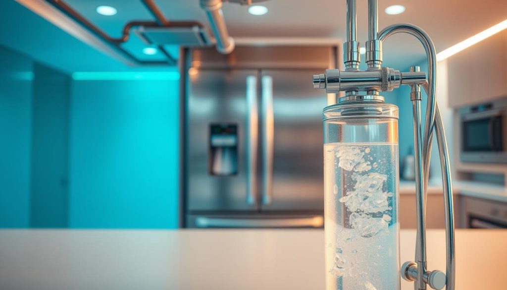 A clean, well-lit interior depicting a water filtration system for an ice maker. In the foreground, a transparent container filled with pure, crystalline water. Surrounding it, a network of sleek, chrome pipes and valves, softly reflecting the light. In the middle ground, the ice maker itself, its stainless steel exterior gleaming. The background showcases a modern, minimalist kitchen setting, with vibrant hues of blue, green, and gray creating a harmonious, high-tech atmosphere. The entire scene is bathed in a warm, diffused lighting, highlighting the sophisticated engineering and attention to water quality.