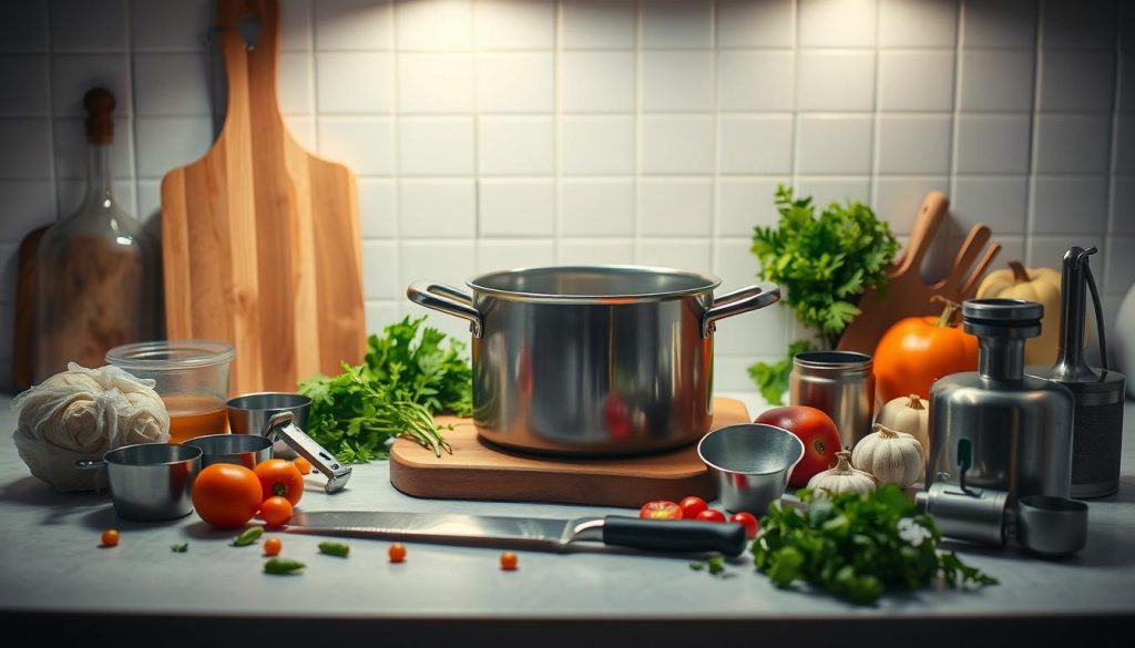 A clean, well-lit kitchen counter showcasing an assortment of essential soup base preparation tools - a large stockpot, a heavy-duty wooden cutting board, a sharp chef's knife, a set of measuring cups and spoons, a vegetable peeler, and a garlic press. The tools are arranged in an organized, symmetrical manner, highlighting their purpose and functionality. The ambient lighting casts a warm, inviting glow, emphasizing the vibrant explosion of colors from the fresh vegetables and herbs scattered around the scene. The overall composition conveys a sense of culinary expertise and the importance of having the right tools for crafting a delicious homemade soup base.