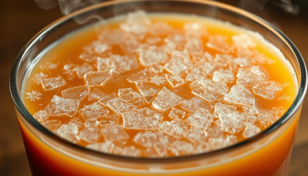 A clear glass container filled with a rich, gelatinous soup base, its surface slowly freezing over. Intricately detailed ice crystals spread across the surface, capturing the moment of transition between liquid and solid. The illumination creates a warm, amber glow, accentuating the depth and viscosity of the base. Wisps of steam rise from the edges, hinting at the complex flavors within. The overall scene conveys the importance of proper storage and freezing techniques to preserve the essence of a homemade soup foundation.