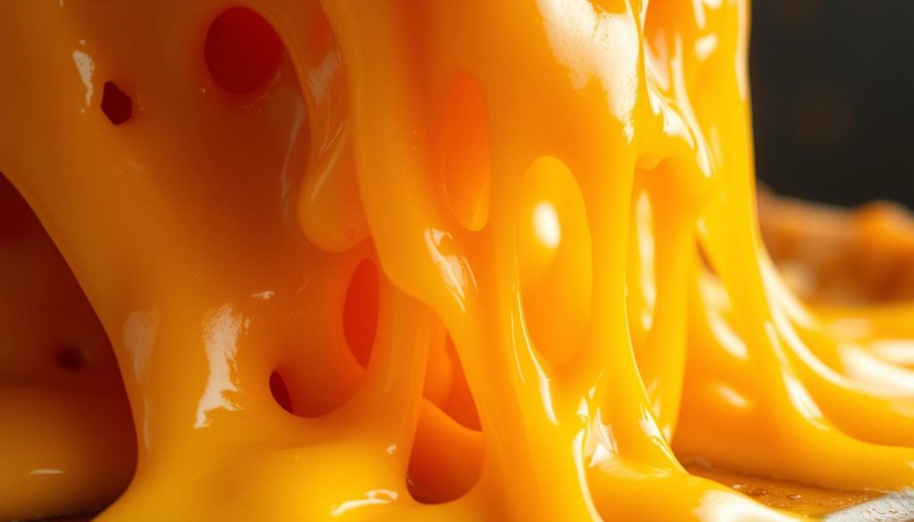 A close-up, high-resolution image of perfectly melted cheese. The cheese is gooey, stringy, and glossy, with a golden-brown surface that glistens under warm, soft lighting. The cheese fills the frame, with a slight close-up angle that emphasizes the intricate, flowing textures and vibrant colors. The background is slightly blurred, keeping the focus on the captivating, dynamic nature of the molten cheese. Lighting is soft and diffused, creating a cozy, inviting atmosphere. The camera settings are optimized for capturing the delicate details and luscious, mouth-watering appearance of the melted cheese.