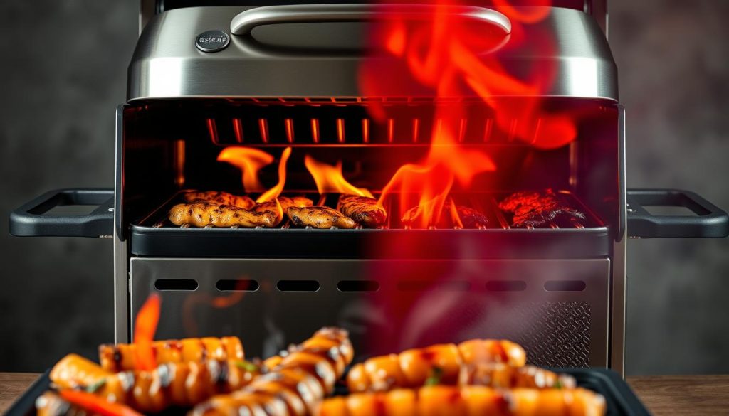 A close-up infrared grill set against a contrasting backdrop, showcasing its distinct features. The grill's stainless steel body gleams under precise lighting, highlighting its sleek design. Vibrant flames dance within the grill, casting a warm, inviting glow. In the foreground, various grilled ingredients sizzle and char, showcasing the intense heat generated by the infrared technology. The middle ground features a visual comparison, juxtaposing the infrared grill with a traditional charcoal model, emphasizing the key differences in cooking efficiency and precision. The background blurs into a soft, atmospheric gradient, allowing the main subject to take center stage.