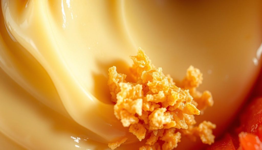 A close-up, macro photograph of the moment when a creamy, smooth substance is disrupted by a crunchy, textured element. The interaction between the two contrasting mouthfeels is captured in vivid, vibrant colors and dramatic lighting. The frame is tightly composed, highlighting the interplay of soft and hard textures, with a sharp focus on the point of contact. The image conveys a sense of dynamic energy and sensory engagement, as if the viewer can almost hear and feel the satisfying crunch and release of flavor. The lighting is dramatic, with a combination of hard shadows and diffuse, soft illumination to accentuate the tactile qualities of the scene. A close-up, macro photograph of the moment when a creamy, smooth substance is disrupted by a crunchy, textured element. The interaction between the two contrasting mouthfeels is captured in vivid, vibrant colors and dramatic lighting. The frame is tightly composed, highlighting the interplay of soft and hard textures, with a sharp focus on the point of contact. The image conveys a sense of dynamic energy and sensory engagement, as if the viewer can almost hear and feel the satisfying crunch and release of flavor. The lighting is dramatic, with a combination of hard shadows and diffuse, soft illumination to accentuate the tactile qualities of the scene.