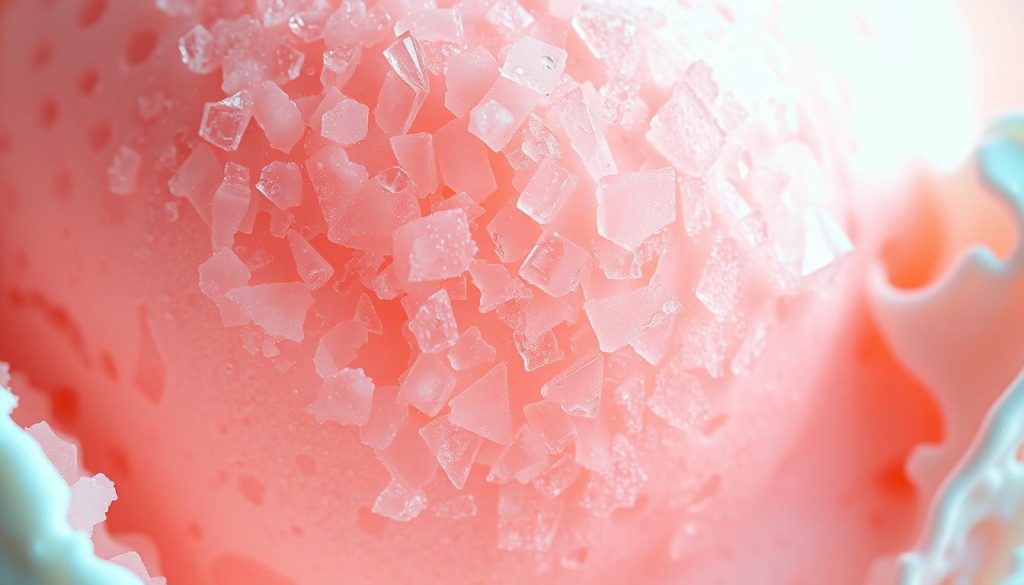 A close-up, macro view of a premium ice cream texture, showcasing the intricate crystalline structures and their impact on the overall mouthfeel. The image should be lit with soft, diffused lighting, highlighting the delicate interplay of light and shadow across the frozen surface. Capture the crystalline formations in vivid detail, with a shallow depth of field to emphasize the textural nuances. The color palette should be vibrant, reflecting the rich, creamy hues of the ice cream, with hints of vibrant, moving colors that suggest the dynamic nature of the melting and refreezing process. The overall impression should convey the critical importance of controlling ice crystal formation in maintaining the desired premium ice cream texture and quality.