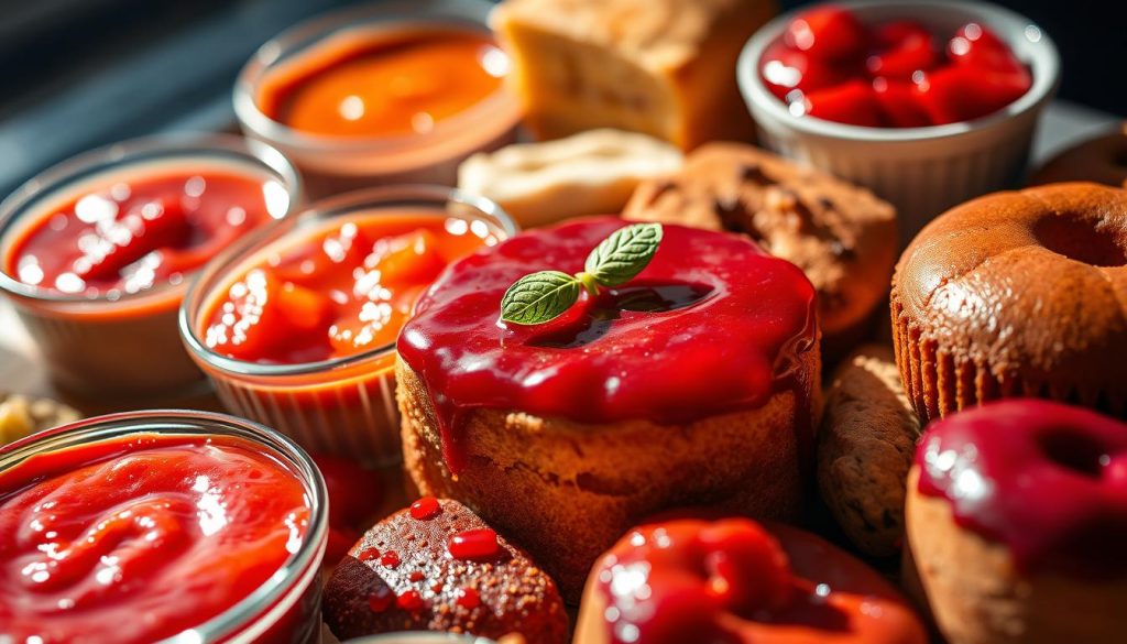 A close-up, macro view of various culinary creations - from vibrant sauces and marinades to baked goods and desserts - dramatically showcasing the impact of pH levels on their color, texture, and flavor. The scene is illuminated by natural, directional lighting, casting dramatic shadows and highlights that accentuate the dynamic, ever-changing nature of these pH-sensitive dishes. The camera angle is slightly low, immersing the viewer in the rich, tactile details of these visually arresting culinary experiments, where hues shift from vivid reds and purples to soft, muted pastels depending on the acidity or alkalinity of the ingredients. The overall mood is one of scientific curiosity and artistic exploration, inviting the viewer to contemplate the fundamental role of pH in shaping the sensory experience of food.