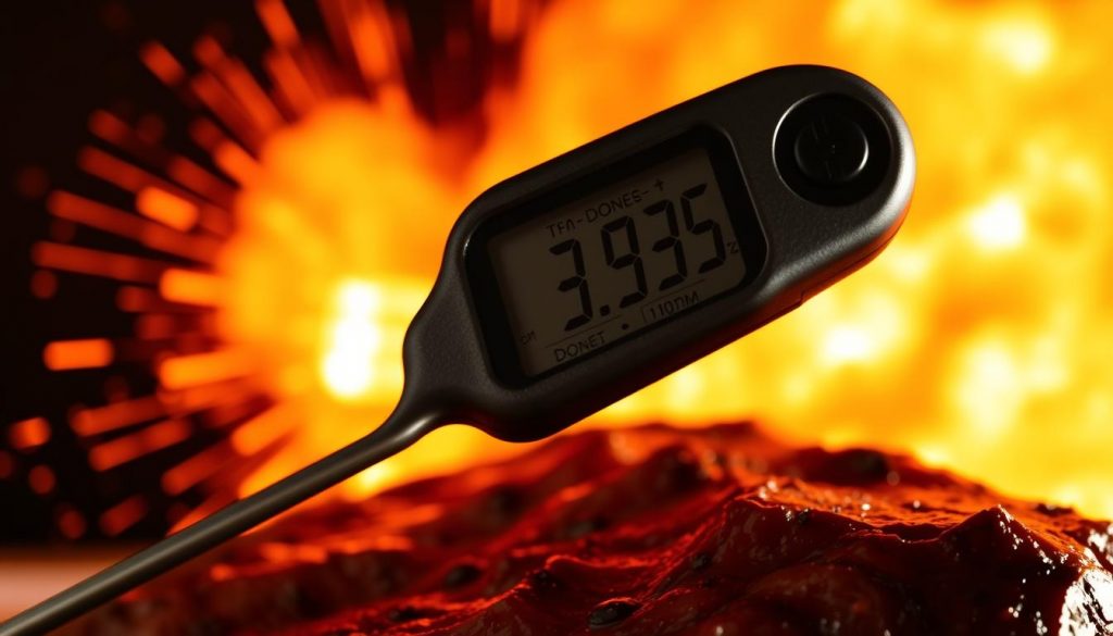 A close-up of a digital meat thermometer displaying various temperature readings, set against a vibrant, exploding background of warm hues. The thermometer tips are prominently featured, showcasing the different degrees of doneness for various types of meats. The lighting is sharp and dramatic, casting shadows that accentuate the technical details of the thermometer. The overall composition highlights the importance of using a thermometer to achieve the perfect level of meat doneness, creating a visually engaging and informative illustration. A close-up of a digital meat thermometer displaying various temperature readings, set against a vibrant, exploding background of warm hues. The thermometer tips are prominently featured, showcasing the different degrees of doneness for various types of meats. The lighting is sharp and dramatic, casting shadows that accentuate the technical details of the thermometer. The overall composition highlights the importance of using a thermometer to achieve the perfect level of meat doneness, creating a visually engaging and informative illustration.