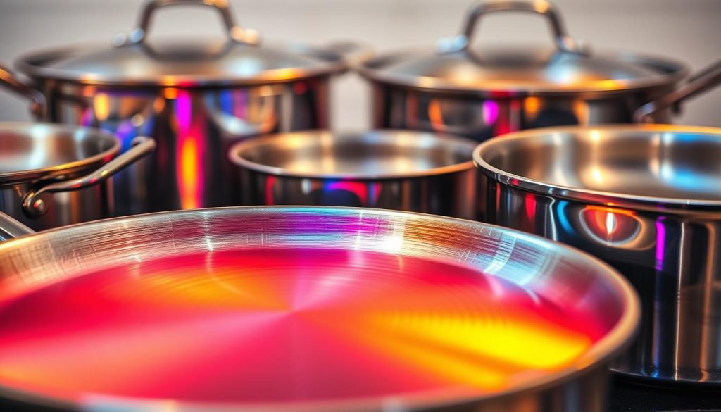 A close-up shot of a high-quality, stainless steel cookware set, showcasing the intricate heat distribution patterns across the surface. The pots and pans are arranged in a dynamic, visually striking composition, with the metal reflecting a spectrum of vibrant, moving colors that dance across the scene. The lighting is soft and diffused, creating a warm, inviting atmosphere that highlights the even heat distribution throughout the cookware. The angle is slightly elevated, providing a detailed, three-dimensional view of the heat responsiveness and thermal efficiency of the cookware.