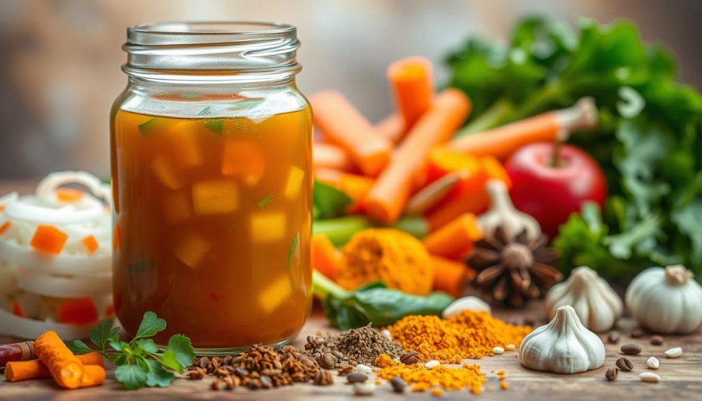 A close-up shot of a homemade vegetable soup base, with a vibrant explosion of colors highlighting the various health benefits. The foreground features a clear glass jar filled with a rich, aromatic broth, surrounded by freshly chopped onions, carrots, celery, and leafy greens. The middle ground showcases a scattering of spices and herbs, each representing a specific nutritional value, such as turmeric's anti-inflammatory properties or garlic's immune-boosting benefits. The background is a soft, blurred gradient of earthy tones, creating a sense of warmth and wholesomeness. The lighting is natural and diffused, casting a gentle glow on the ingredients and emphasizing their vibrant colors. The overall composition evokes a feeling of homemade goodness and the healthful power of a well-crafted vegetable soup base. A close-up shot of a homemade vegetable soup base, with a vibrant explosion of colors highlighting the various health benefits. The foreground features a clear glass jar filled with a rich, aromatic broth, surrounded by freshly chopped onions, carrots, celery, and leafy greens. The middle ground showcases a scattering of spices and herbs, each representing a specific nutritional value, such as turmeric's anti-inflammatory properties or garlic's immune-boosting benefits. The background is a soft, blurred gradient of earthy tones, creating a sense of warmth and wholesomeness. The lighting is natural and diffused, casting a gentle glow on the ingredients and emphasizing their vibrant colors. The overall composition evokes a feeling of homemade goodness and the healthful power of a well-crafted vegetable soup base.