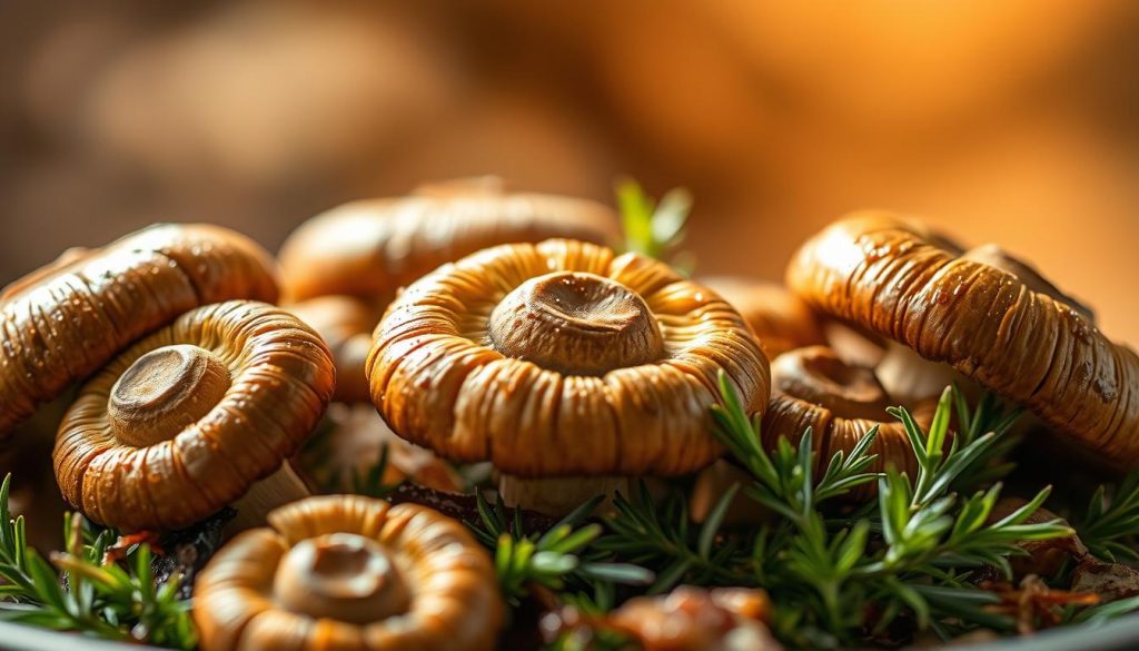 A close-up shot of a selection of earthy brown and golden oyster mushrooms, their caps glistening with moisture, nestled atop a bed of fresh, vibrant herbs like thyme and rosemary. The mushrooms are backlit, casting a warm, hazy glow that highlights their intricate textures and umami-rich details. The foreground is sharp and in focus, while the background fades into a blurred, dreamy expanse of soft, warm colors, creating a sense of depth and atmosphere. The lighting is natural and diffused, lending a sense of tranquility and culinary artistry to the scene. The overall composition evokes the nourishing, earthy essence of these umami-packed mushrooms, ready to infuse a soup broth with their depth of flavor.
