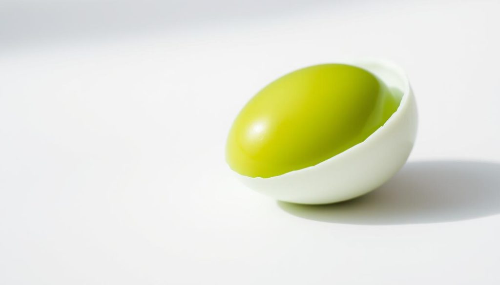 A close-up shot of a single, vibrant green hard-boiled egg, resting on a clean, white surface. The egg's shell has been peeled away, revealing the striking green hue of the cooked yolk, with subtle variations in shades across its surface. The lighting is soft and natural, casting gentle shadows that accentuate the egg's form and texture. The background is slightly blurred, creating a sense of focus and depth, drawing the viewer's attention to the captivating, verdant-colored hard-boiled egg at the center of the frame.