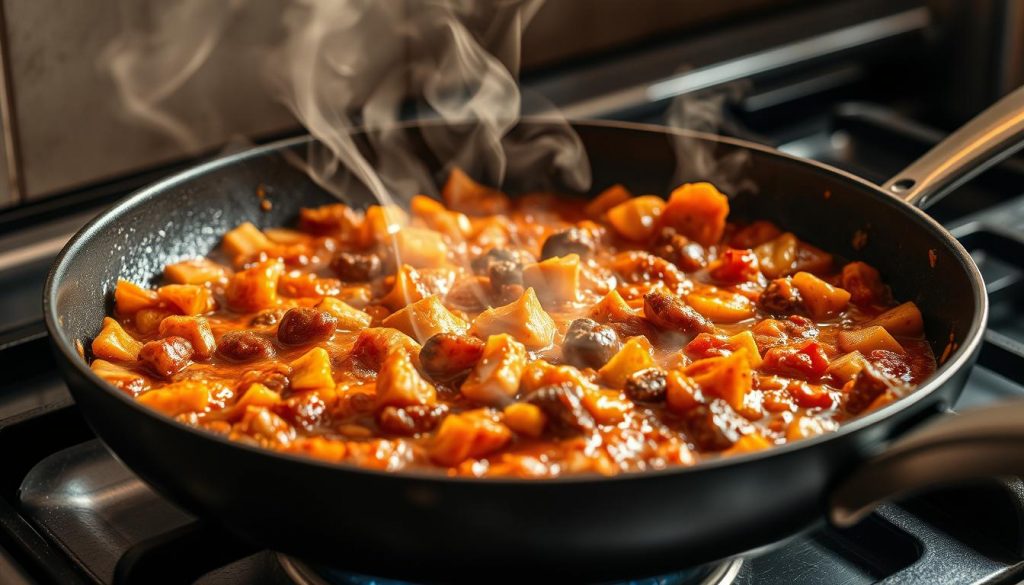A close-up shot of a sizzling pan on a kitchen stovetop, filled with a variety of umami-rich ingredients undergoing the Maillard reaction. Vibrant orange, brown, and golden hues dance across the surface, creating a visually captivating display of culinary alchemy. Wisps of steam rise, adding a sense of depth and dynamism to the scene. The composition is framed to emphasize the textural details of the caramelized edges and the glistening, flavor-packed surface. Dramatic lighting casts dramatic shadows, heightening the sense of drama and energy. An evocative representation of the transformative power of heat and the creation of deep, complex flavors.