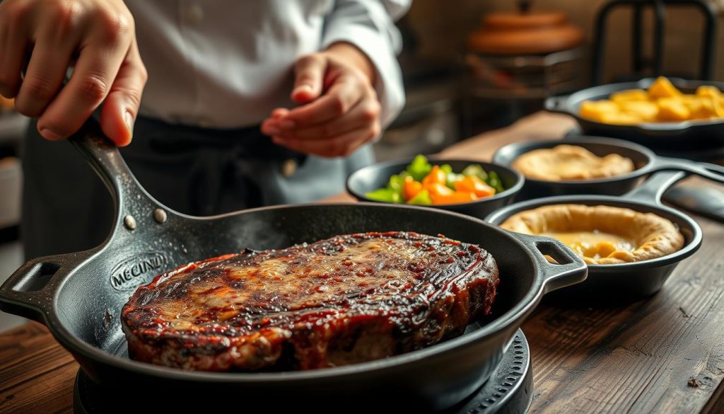 A close-up shot of a skilled chef's hands masterfully maneuvering a cast iron skillet, the metal gleaming under warm, natural lighting. In the foreground, a sizzling steak sears, releasing a savory aroma. The middle ground showcases various cast iron cooking techniques, from sautéing vegetables to baking fluffy cornbread. In the background, a well-seasoned, vintage cast iron collection rests on a rustic wooden surface, hinting at the rich history and versatility of this timeless cookware. The scene exudes a sense of confidence, expertise, and the joy of culinary exploration, captured in vibrant, cinematic colors.