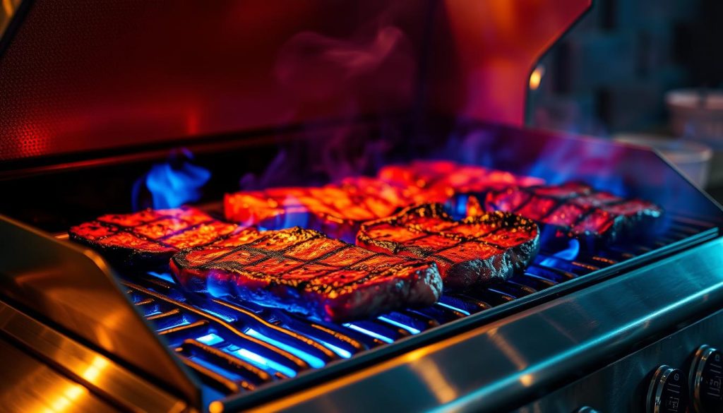 A close-up shot of an infrared grill in action, capturing the intense blue-tinged flames searing a selection of prime cuts of meat. The sizzling juices and charred edges create a mesmerizing visual, as the infrared heat penetrates deeply, locking in the natural flavors. The grill's stainless steel body gleams in the warm lighting, surrounded by a hazy, atmospheric environment that evokes the ambiance of an open-air kitchen. The scene conveys the precise temperature control and efficiency of infrared cooking, with a palpable sense of searing intensity and culinary mastery.