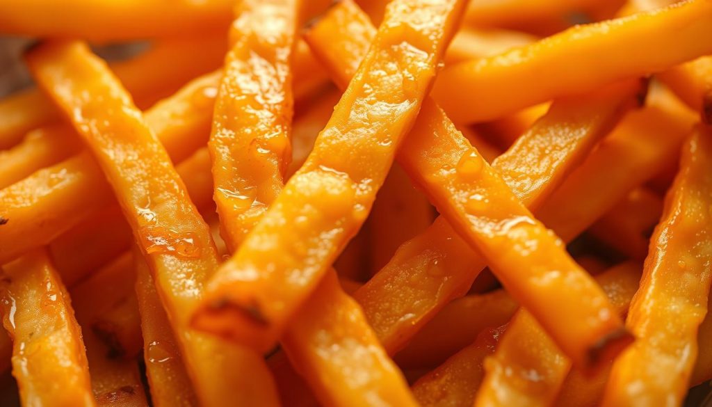 A close-up shot of freshly fried french fries, with a visible sheen of oil on their surface. The fries are arranged in a dynamic, overlapping pattern, creating a sense of movement and energy. The lighting is slightly warm and diffused, casting a soft glow on the fries and highlighting the vibrant, golden-brown hues. The background is blurred, drawing the viewer's attention to the intricate textures and details of the fries, showcasing the delicate balance between crispness and oiliness that is characteristic of this culinary staple.