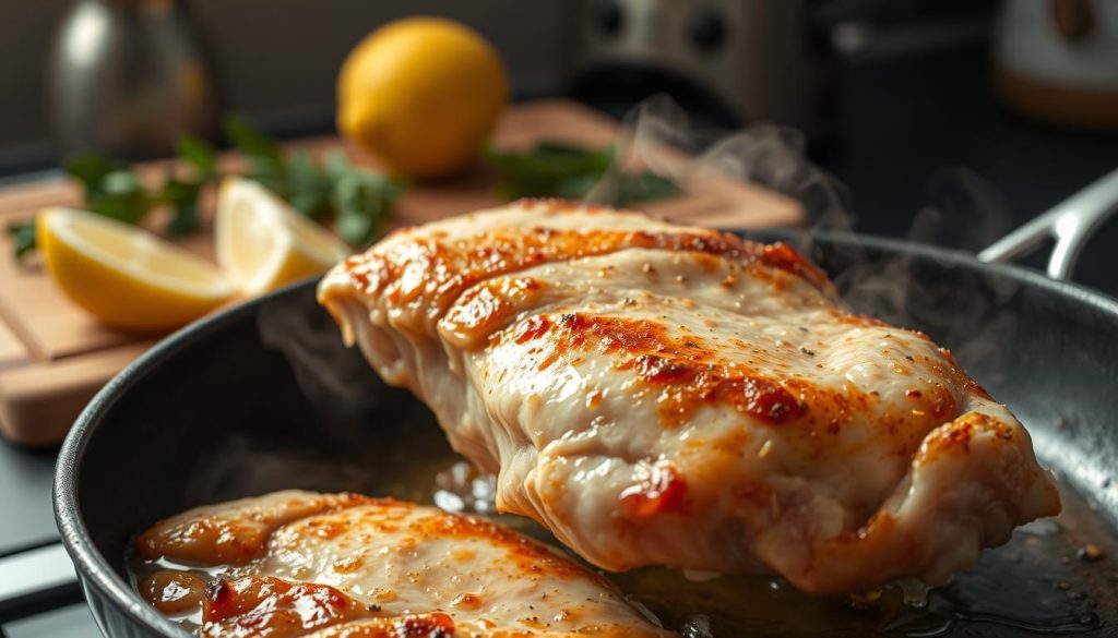 A close-up view of a chicken breast being removed from a hot skillet, with steam rising and juices visibly running. The meat has a golden-brown sear on the surface, indicating it has been cooked to perfection. In the background, a cutting board with fresh herbs and lemon wedges waits to receive the meat. Soft, diffused lighting illuminates the scene, creating a warm, inviting atmosphere. The camera angle is slightly elevated, providing a dynamic perspective that showcases the carry-over cooking process and the residual heat still present in the meat.