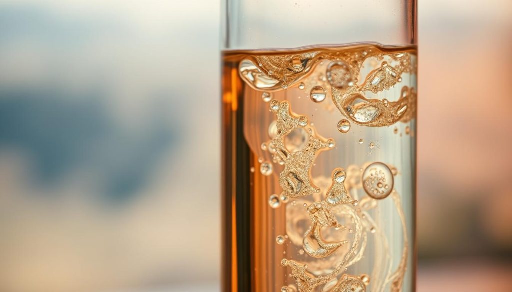 A close-up view of a glass container filled with a clear liquid, illuminated by a soft, warm light. The liquid is gently bubbling and swirling, creating captivating patterns and ripples on the surface. The background is a blurred, hazy landscape, evoking a sense of scientific experimentation and discovery. The scene exudes a subtle, ethereal quality, highlighting the dynamic nature of alcohol evaporation and the intriguing chemical processes at work in the kitchen.