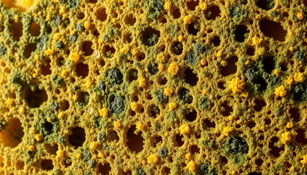 A close-up view of a grimy, discolored kitchen sponge, its surface teeming with a diverse array of mold and bacterial growth. Shades of green, blue, and yellow mottled across the porous material, creating a dynamic, almost otherworldly pattern. Shadows and highlights accentuate the textural details, revealing the sponge's inner pockets and crevices, where the microbial colonies thrive. The lighting is warm and slightly diffused, adding depth and a sense of unease to the scene. The overall atmosphere conveys the unsettling reality of neglected kitchen sponges, a stark reminder of the importance of proper hygiene and regular sponge replacement.
