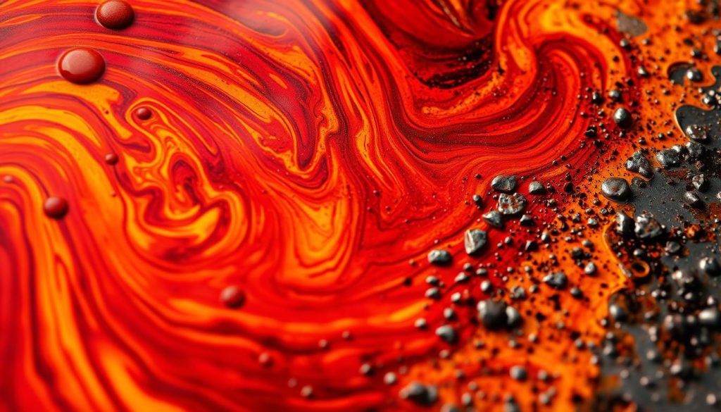 A close-up view of a metal surface undergoing an intense acid-based reaction. The foreground depicts a swirling, kaleidoscopic pattern of vibrant, shifting hues - deep reds, brilliant oranges, and fiery yellows - as the corrosive liquid interacts with the metallic substrate. In the middle ground, the surface texture is revealed in intricate, jagged details, with small bubbles and pits forming from the chemical process. The background is shrouded in a moody, atmospheric haze, lending a sense of drama and energy to the scene. Captured through a high-resolution lens with dramatic, raking sidelight to accentuate the textures and dynamism of the reaction.