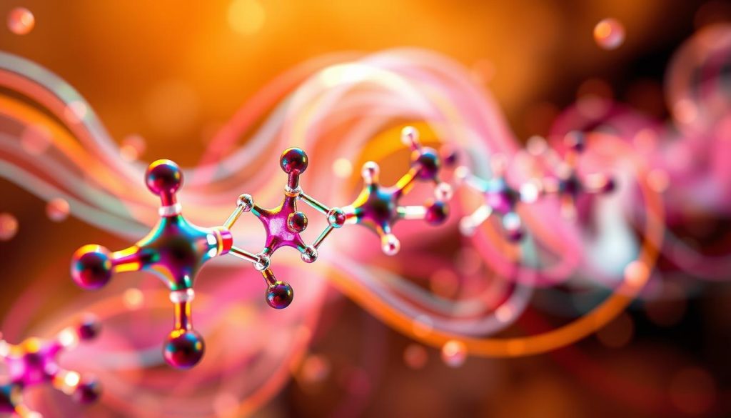 A close-up view of a molecular interaction between amino acids and reducing sugars, captured in a dynamic and vibrant display of shifting colors. The foreground features a detailed illustration of the chemical structures, their bonds and transformations, rendered in a spectrum of vivid hues that seem to pulse and flow. The middle ground showcases the energy and movement of the reaction, with swirling trails of color tracing the pathways of the chemical processes. In the background, a softly blurred, ethereal backdrop provides a sense of depth and atmosphere, enhancing the sense of scientific wonder and complexity. Lit by a warm, diffused light that casts a golden glow, the image conveys the elegance and importance of this fundamental biochemical reaction. A close-up view of a molecular interaction between amino acids and reducing sugars, captured in a dynamic and vibrant display of shifting colors. The foreground features a detailed illustration of the chemical structures, their bonds and transformations, rendered in a spectrum of vivid hues that seem to pulse and flow. The middle ground showcases the energy and movement of the reaction, with swirling trails of color tracing the pathways of the chemical processes. In the background, a softly blurred, ethereal backdrop provides a sense of depth and atmosphere, enhancing the sense of scientific wonder and complexity. Lit by a warm, diffused light that casts a golden glow, the image conveys the elegance and importance of this fundamental biochemical reaction.