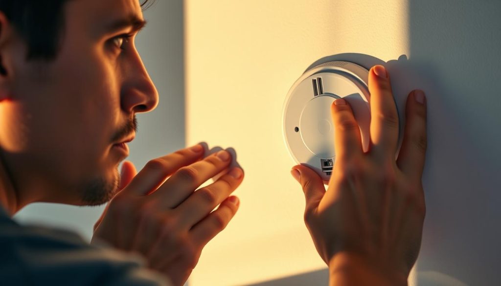 A close-up view of a person's hands carefully inspecting and maintaining a smoke detector. The device is mounted on a clean, white wall, illuminated by warm, natural lighting that casts subtle shadows. The hands are gently wiping the smoke detector's surface, ensuring it's free of dust and debris. The expression on the person's face conveys a sense of focused attention and diligence, reflecting the importance of properly maintaining this critical safety device. The vibrant, moving colors of the scene evoke a sense of care and attention to detail, underscoring the significance of this routine maintenance task.