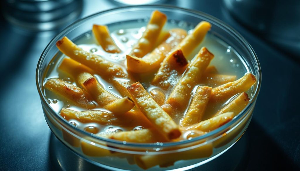A close-up view of a petri dish containing a vibrant, bubbling mass of soggy, overcooked french fries. The fries are submerged in a clear liquid, with beads of condensation forming on the surface. The lighting is harsh and scientific, casting dramatic shadows and highlights that accentuate the intricate textures and deteriorating state of the fries. The background is blurred, hinting at the clinical environment of a laboratory setting. The overall scene conveys a sense of scientific inquiry, as if the viewer is peering into an experiment examining the fundamental nature of fry sogginess.