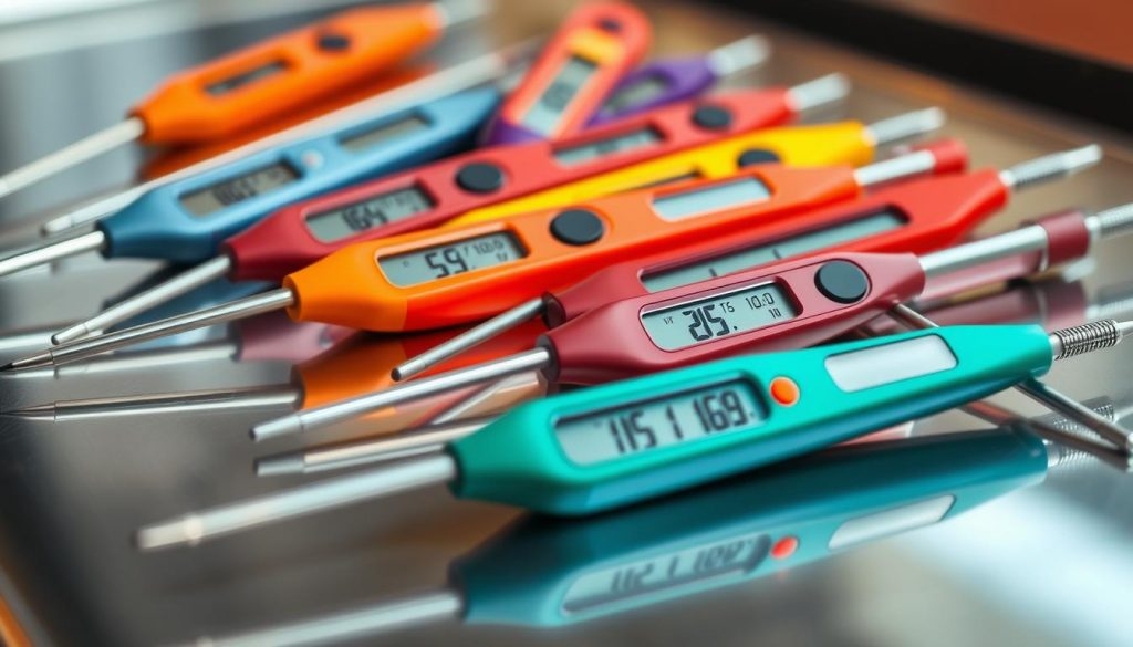 A close-up view of a selection of professional-grade digital food thermometers, meticulously arranged on a sleek, reflective surface. The thermometers are displayed in a vibrant, exploding array of colors, ranging from classic stainless steel to bold, vibrant hues. The lighting is soft and diffused, creating a warm, inviting atmosphere that showcases the precision and quality of these essential culinary tools. The image is captured from a slightly elevated angle, allowing the viewer to appreciate the intricate details and features of each thermometer, such as digital displays, adjustable probes, and sturdy construction. The overall composition is balanced and visually striking, highlighting the importance of selecting the right tool for the job when it comes to professional-level food preparation. A close-up view of a selection of professional-grade digital food thermometers, meticulously arranged on a sleek, reflective surface. The thermometers are displayed in a vibrant, exploding array of colors, ranging from classic stainless steel to bold, vibrant hues. The lighting is soft and diffused, creating a warm, inviting atmosphere that showcases the precision and quality of these essential culinary tools. The image is captured from a slightly elevated angle, allowing the viewer to appreciate the intricate details and features of each thermometer, such as digital displays, adjustable probes, and sturdy construction. The overall composition is balanced and visually striking, highlighting the importance of selecting the right tool for the job when it comes to professional-level food preparation.