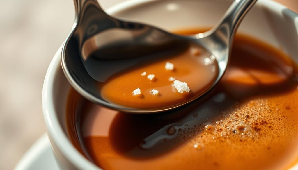 A close-up view of a silver spoon gently stirring a steaming cup of coffee. The spoon's elegant curve reflects the rich, warm tones of the liquid, while tiny white crystals of salt slowly dissolve, their subtle dance creating swirling patterns that seem to pulse with life. The background is a soft, ethereal blur, allowing the tactile, sensory experience of the moment to take center stage. Soft, directional lighting casts delicate shadows, emphasizing the textures and highlighting the dynamic interplay between the salt and the coffee. The overall mood is one of quiet contemplation, inviting the viewer to savor the simple pleasure of how a pinch of salt can transform the bitter notes into a more balanced, harmonious flavor. A close-up view of a silver spoon gently stirring a steaming cup of coffee. The spoon's elegant curve reflects the rich, warm tones of the liquid, while tiny white crystals of salt slowly dissolve, their subtle dance creating swirling patterns that seem to pulse with life. The background is a soft, ethereal blur, allowing the tactile, sensory experience of the moment to take center stage. Soft, directional lighting casts delicate shadows, emphasizing the textures and highlighting the dynamic interplay between the salt and the coffee. The overall mood is one of quiet contemplation, inviting the viewer to savor the simple pleasure of how a pinch of salt can transform the bitter notes into a more balanced, harmonious flavor.