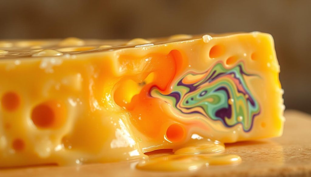 A close-up view of a slice of cheese melting, revealing the complex chemical reactions happening at a microscopic level. The foreground shows the cheese's surface bubbling and liquefying, with pockets of air escaping and creating a dynamic, viscous texture. The middle ground showcases the cheese's internal structure, where fats, proteins, and other compounds are visibly interacting and transforming, creating a mesmerizing display of vibrant, swirling colors. The background fades into a soft, hazy blur, allowing the viewer to focus on the captivating chemistry unfolding before them.