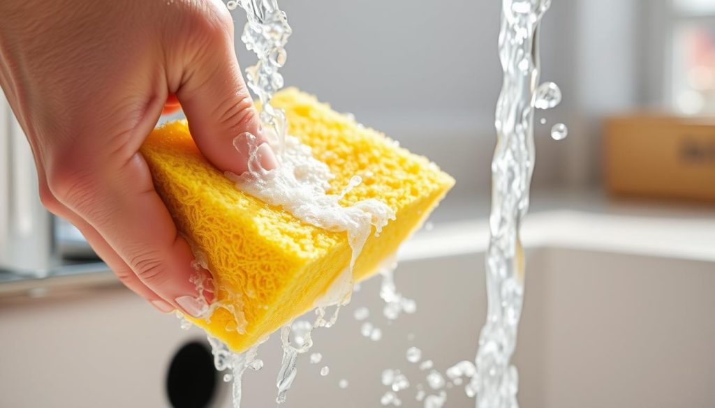 A close-up view of a sponge being scrubbed against a kitchen sink, with running water and soap suds creating a lively, colorful display. The sponge is being held at a slight angle, allowing the viewer to see the detailed texture and intricate pores of the material. The background is blurred, but a hint of a clean, minimalist kitchen counter can be seen, creating a sense of domesticity and practicality. The lighting is bright and natural, casting a warm, inviting glow on the scene. The overall mood is one of efficient, effective cleaning, with a vibrant, dynamic energy conveyed through the movement of the water and the scrubbing motion.