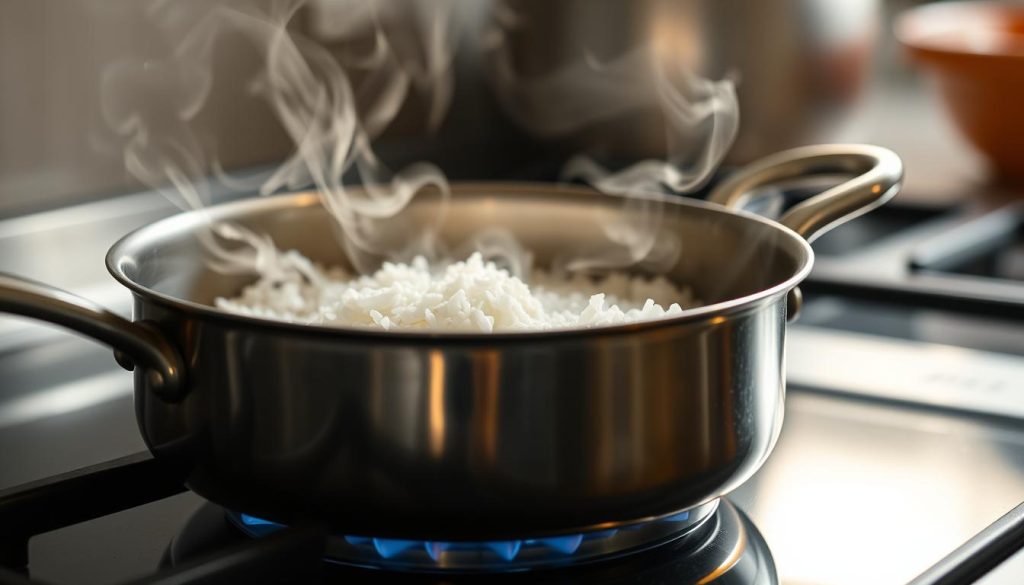 A close-up view of a stovetop with a simmering pot of rice. The pot is made of gleaming stainless steel, casting a warm reflection on the smooth glass cooktop. Wisps of steam rise from the lid, revealing a glimpse of the fluffy, perfectly cooked grains beneath. The burner flames lick the sides of the pot, creating a vibrant, moving dance of oranges and yellows. The lighting is soft and diffused, casting a gentle glow over the scene, conveying a sense of culinary mastery and tranquility. The angle is slightly elevated, allowing the viewer to observe the stovetop process with an experienced eye.