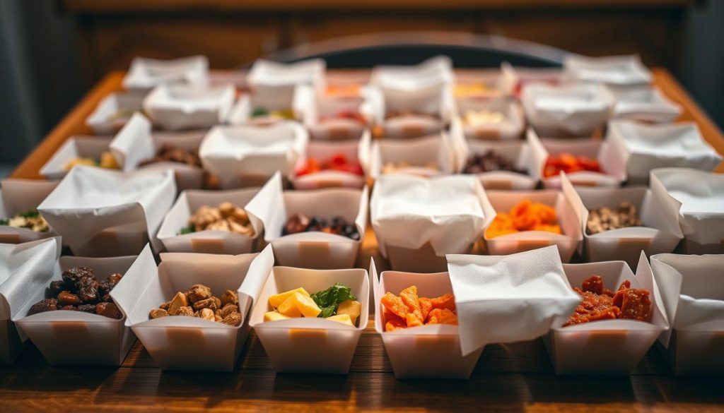 A close-up view of a table top, showcasing an assortment of diverse food samples arranged in a grid-like pattern. The samples are presented in small, uniform containers, their contents obscured by white, opaque fabric covers. The lighting is soft and diffused, creating a warm, inviting atmosphere that emphasizes the tactile and olfactory nature of the experience. The background is blurred, drawing the viewer's focus to the foreground and the intriguing setup of the blindfolded taste test. The vibrant colors of the food samples, visible through the translucent fabric, create a visually engaging and sensory-driven composition. A close-up view of a table top, showcasing an assortment of diverse food samples arranged in a grid-like pattern. The samples are presented in small, uniform containers, their contents obscured by white, opaque fabric covers. The lighting is soft and diffused, creating a warm, inviting atmosphere that emphasizes the tactile and olfactory nature of the experience. The background is blurred, drawing the viewer's focus to the foreground and the intriguing setup of the blindfolded taste test. The vibrant colors of the food samples, visible through the translucent fabric, create a visually engaging and sensory-driven composition.