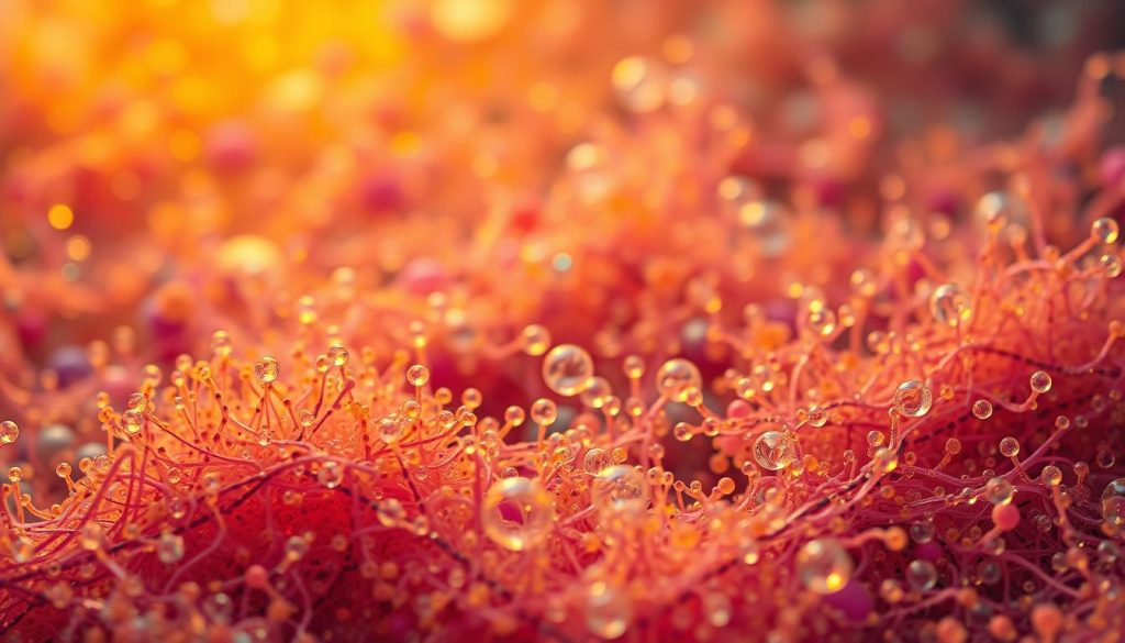 A close-up view of a vibrant microbial fermentation process, with a swirling symphony of vivid colors and intricate patterns. In the foreground, a dense network of microorganisms thrives, their delicate structures and intricate dance captured in sharp detail under a powerful microscope lens. The middle ground reveals the dynamic interplay of bubbles, gases, and metabolic byproducts, all in a captivating choreography of motion and energy. The background is a hazy, out-of-focus kaleidoscope of shifting hues, suggesting the larger complexity of the microbial ecosystem. The overall scene is illuminated by a warm, diffused lighting that enhances the organic, almost otherworldly beauty of the fermentation process. A close-up view of a vibrant microbial fermentation process, with a swirling symphony of vivid colors and intricate patterns. In the foreground, a dense network of microorganisms thrives, their delicate structures and intricate dance captured in sharp detail under a powerful microscope lens. The middle ground reveals the dynamic interplay of bubbles, gases, and metabolic byproducts, all in a captivating choreography of motion and energy. The background is a hazy, out-of-focus kaleidoscope of shifting hues, suggesting the larger complexity of the microbial ecosystem. The overall scene is illuminated by a warm, diffused lighting that enhances the organic, almost otherworldly beauty of the fermentation process.