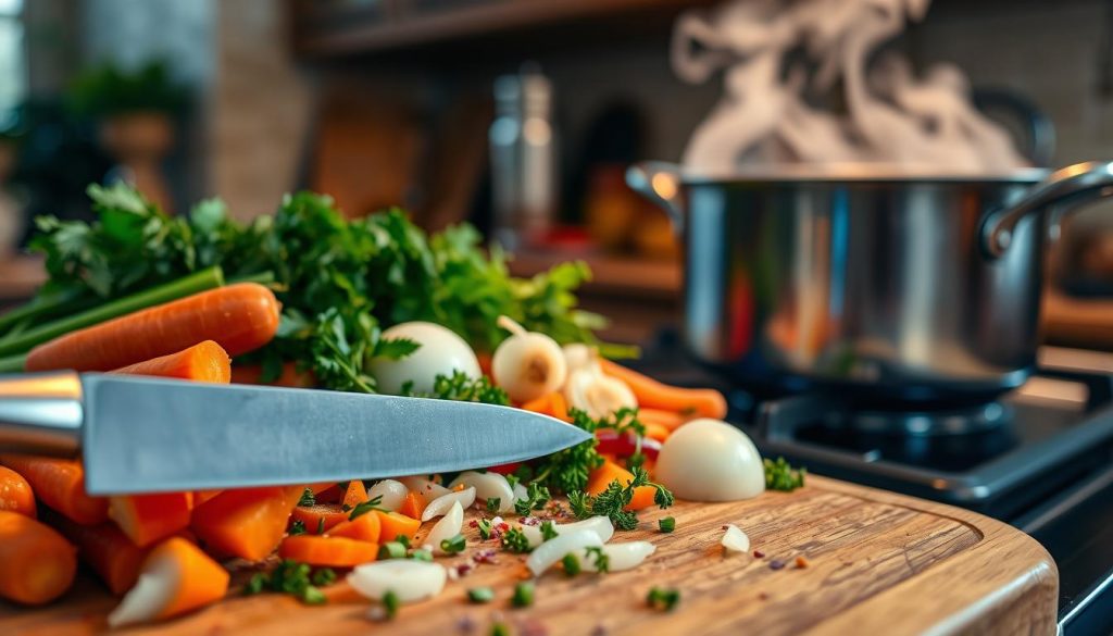 A close-up view of a wooden cutting board, its surface covered in a vibrant array of fresh vegetables - carrots, onions, celery, and herbs. In the foreground, a chef's knife carefully slices through the crisp produce, the blade catching the warm, diffused light from a nearby window. The middle ground features a large stockpot simmering on the stovetop, steam rising in wispy tendrils, hinting at the flavorful broth within. The background is blurred, but suggests a cozy, well-equipped kitchen, inviting the viewer to imagine the delicious soup that will soon emerge from this scene of culinary preparation. A close-up view of a wooden cutting board, its surface covered in a vibrant array of fresh vegetables - carrots, onions, celery, and herbs. In the foreground, a chef's knife carefully slices through the crisp produce, the blade catching the warm, diffused light from a nearby window. The middle ground features a large stockpot simmering on the stovetop, steam rising in wispy tendrils, hinting at the flavorful broth within. The background is blurred, but suggests a cozy, well-equipped kitchen, inviting the viewer to imagine the delicious soup that will soon emerge from this scene of culinary preparation.