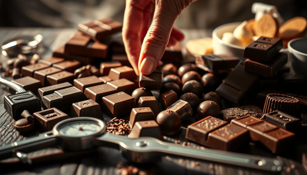 A close-up view of an array of assorted chocolate bars, truffles, and other confections arranged on a dark, wooden surface. The lighting is warm and directional, casting dramatic shadows and highlights that accentuate the rich, glossy textures of the chocolate. In the foreground, a set of tools and implements, such as a thermometer, spatula, and bowls, hint at the process of tempering and troubleshooting. The middle ground features a hand reaching in, gently manipulating one of the chocolate pieces, as if demonstrating a technique. The background is hazy and out of focus, creating a sense of depth and focus on the central elements. The overall mood is one of thoughtful problem-solving, with the vibrant colors and textures of the chocolate providing a visually compelling and appetizing focal point.