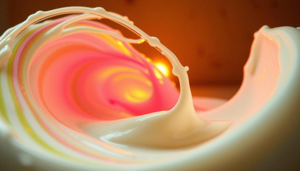 A close-up view of curd formation during the cheesemaking process, showcasing the dynamic interplay of acid and enzyme. In the foreground, a swirling vortex of vibrant hues - lemon yellows, lime greens, and vivid pinks - representing the chemical reactions occurring at the microscopic level. The middle ground reveals the coagulating milk, transforming into a soft, pliable curd with a delicate, web-like texture. Backlit by a warm, golden glow, the scene evokes a sense of scientific wonder and the beauty inherent in the fundamental processes of food production. Captured with a macro lens, the image provides a captivating visual exploration of the role of acids and enzymes in the creation of cheese.