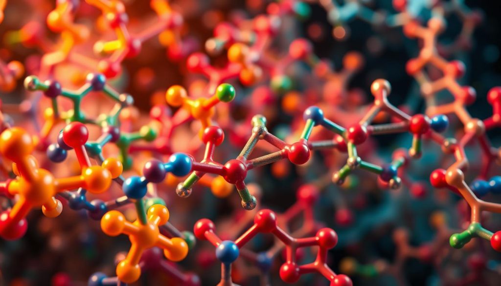 A close-up view of diverse amino acid molecules engaged in intricate chemical reactions, their vibrant structures pulsing with vivid colors. The foreground features prominent sidechain fragments, their shapes and bonds in dynamic motion, hinting at the complex transformations occurring. The middle ground showcases the backbone framework, a lattice of linked peptides undulating with the energy of the reactions. In the background, a kaleidoscopic array of molecular orbitals and electron clouds swirls, casting a warm, luminous glow that illuminates the entire scene. Captured with a sharp, high-resolution lens, the image conveys the fascinating chemistry of proteins and amino acids in a visually captivating way. A close-up view of diverse amino acid molecules engaged in intricate chemical reactions, their vibrant structures pulsing with vivid colors. The foreground features prominent sidechain fragments, their shapes and bonds in dynamic motion, hinting at the complex transformations occurring. The middle ground showcases the backbone framework, a lattice of linked peptides undulating with the energy of the reactions. In the background, a kaleidoscopic array of molecular orbitals and electron clouds swirls, casting a warm, luminous glow that illuminates the entire scene. Captured with a sharp, high-resolution lens, the image conveys the fascinating chemistry of proteins and amino acids in a visually captivating way.