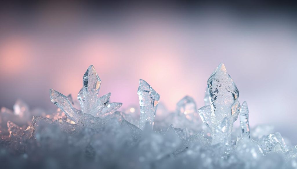 A close-up view of ice crystal growth over time, captured in stunning detail. In the foreground, delicate, intricate ice formations emerge, their jagged edges and intricate patterns illuminated by soft, diffused lighting. The middle ground reveals the gradual progression of these crystals, their growth accelerating and diversifying. In the background, a hazy, ethereal backdrop suggests the passage of time, with a subtle interplay of vibrant, shifting colors that echo the dynamic nature of the crystalline structures. Captured with a macro lens, this image showcases the mesmerizing beauty and complexity of the ice crystal formation process.