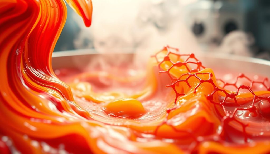 A close-up view of protein coagulation indicators, showcasing the dynamic transformation of texture and structure. In the foreground, a viscous, gelatinous substance swirls and pulses with a vibrant array of colors, ranging from deep reds to vibrant yellows and oranges. The middle ground reveals the intricate network of protein bonds, forming a complex, interconnected web that shifts and evolves with the subtle movements of the composition. In the background, a hazy, out-of-focus environment suggests the broader context of cooking and food production, where these processes occur. The image is captured with a sharp, high-resolution lens, highlighting the intricate details and mesmerizing flow of the coagulating proteins.